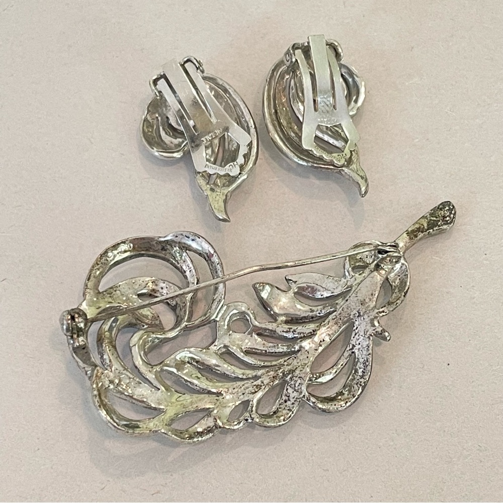 Vintage West Germany Sterling Silver 800 Rhinestone Brooch & Earrings Set Metall - Picture 10 of 13